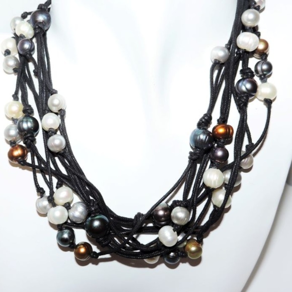 Jewelry - Pearl Necklace Multi Srand Black Leather Cords